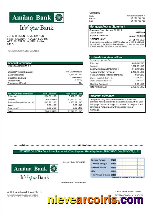 Sri Lanka Amana bank mortgage statement